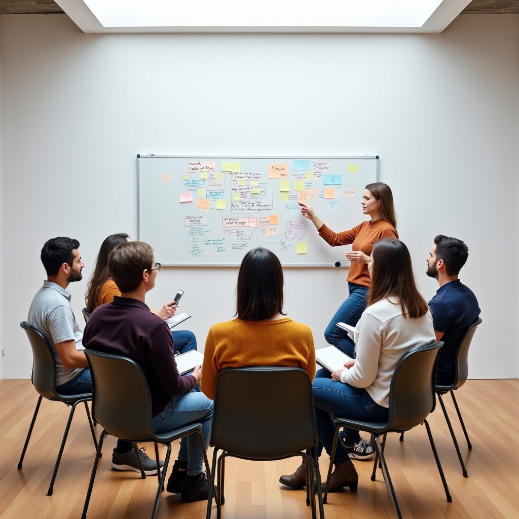 Malá skupina lidí sedí v kruhu a diskutuje o osobním rozvoji s lektorem